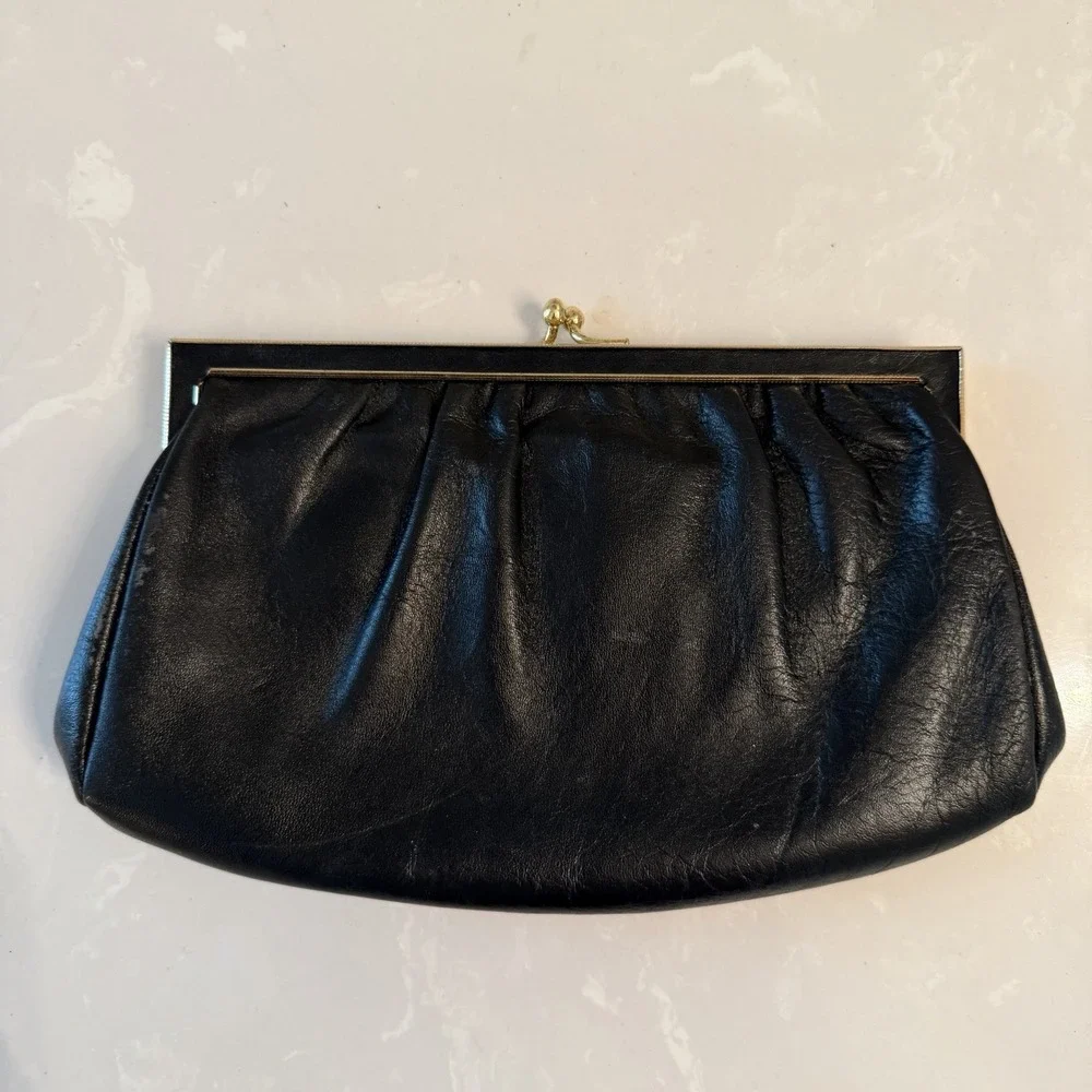 Etra Vintage Clutch Purse Chain Strap 1960s Black Leather